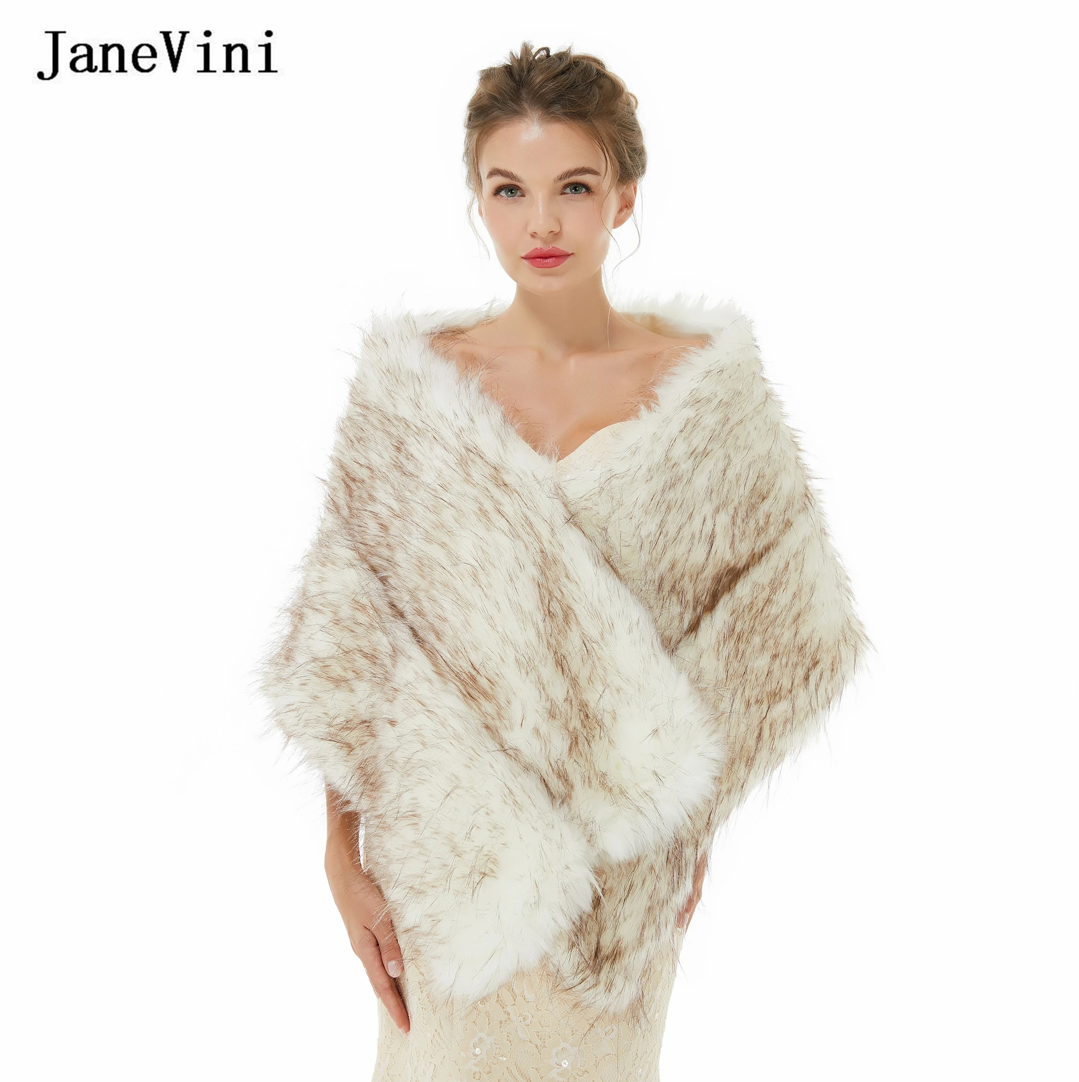

JaneVini 2022 Elegant Bridal Faux Fur Coat Women Wedding Bolero Jacket Soft Warm Fur Shawl Wrap Winter Evening Party Cape Cloak