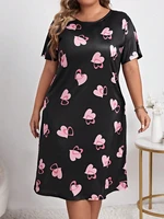 Cozy Heart Print Nightgown Black Short-Sleeve Crew Neck Satin Dress Breathable Fabric For Women's Sleepwear And Loungewear Pjs