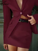 Oymimi Fashion Wine Red Two Piece Set For Women Elegant Long Sleeve Single Breasted Blazers And Slim Simple Mini Skirts Sets - Image 4
