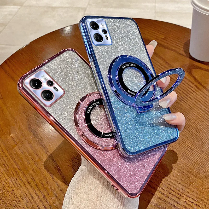 Glitter Electroplated Phone Case with Magnetic Stand and Shockproof Silicone Bumper
