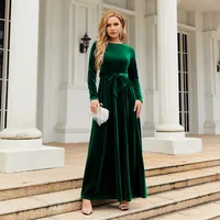 Elegant Temperament Velvet Pleated Long Dress Women Solid Color Long Sleeve High Waist Belt Party Maxi Dresses Evening Vestidos 1