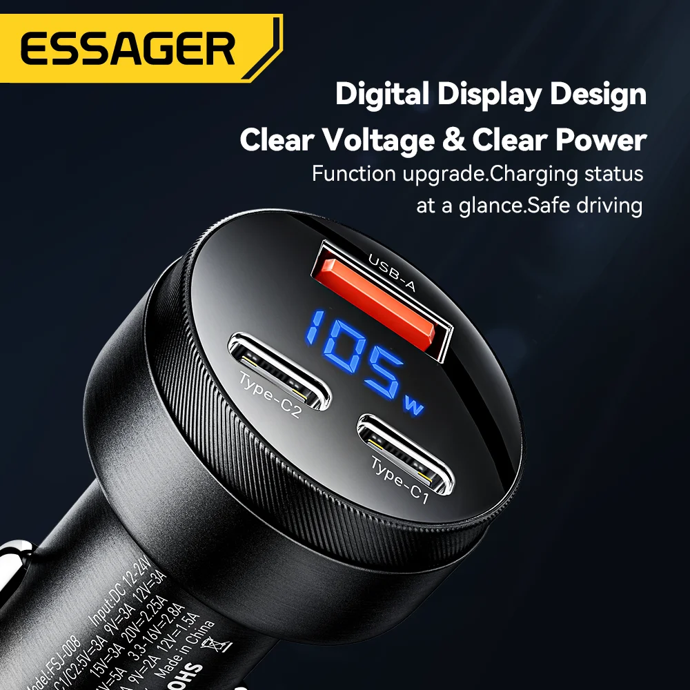 Essager 105W USB Car Charger Quick Charge 4.0 QC4.0 QC3.0 QC SCP PPS PD USB Type C Fast Charging For iPhone 14 15 Xiaomi Phone