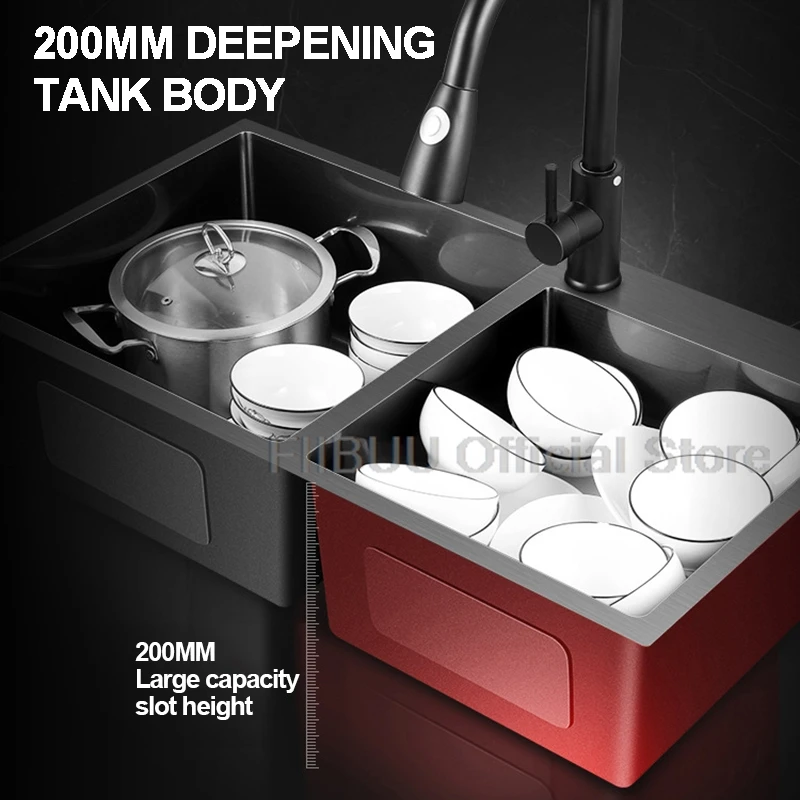 Black Nano Double Bowl Kitchen Sink 304 Stainless Steel Large Capacity Thicken Farmhouse Workstation with Multiple Accessories