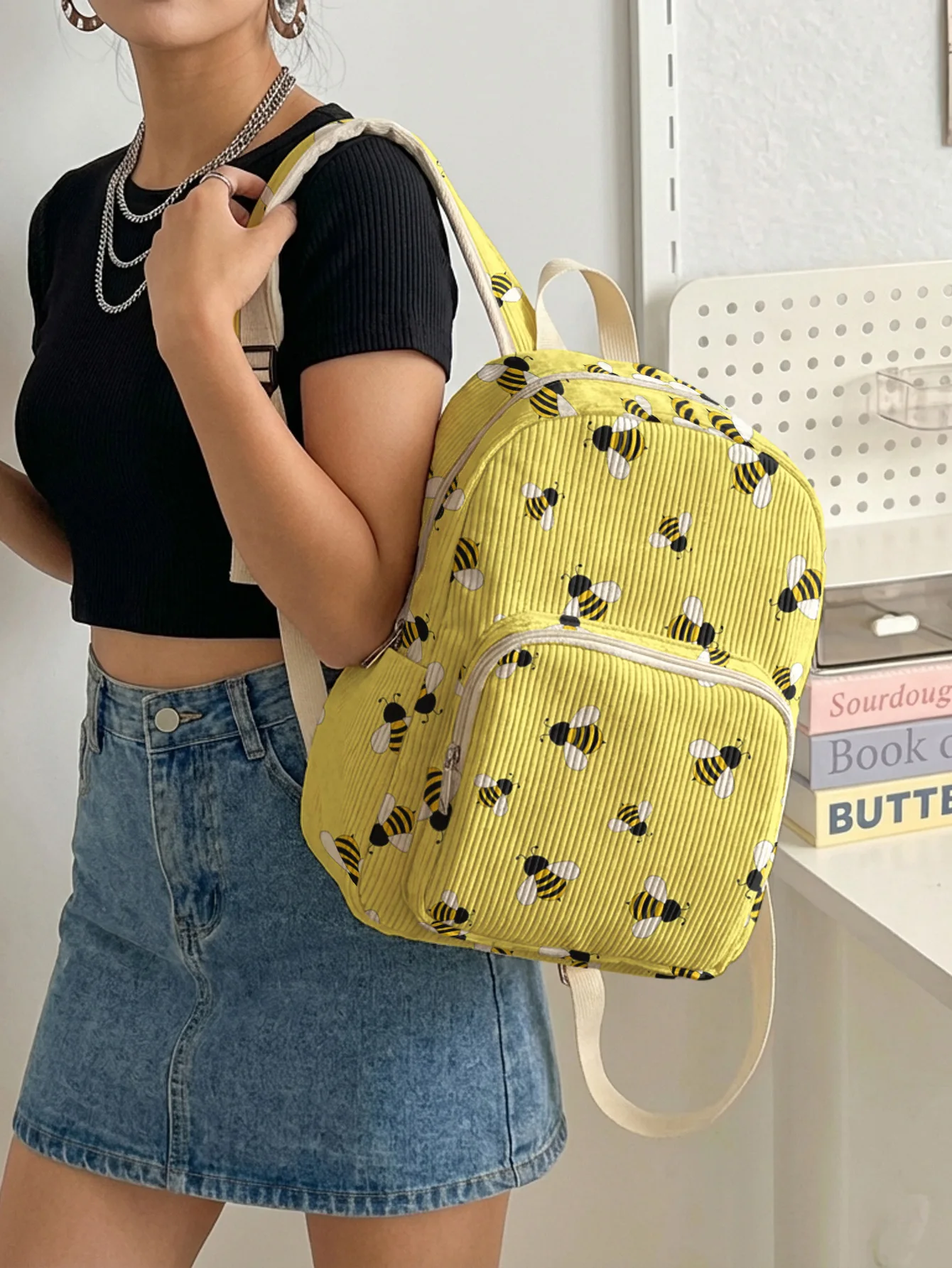 Yellow Bee Allover Print Women Fashion Backpack Corduroy Multi-pocket Large Capacity Commuter Bag 2