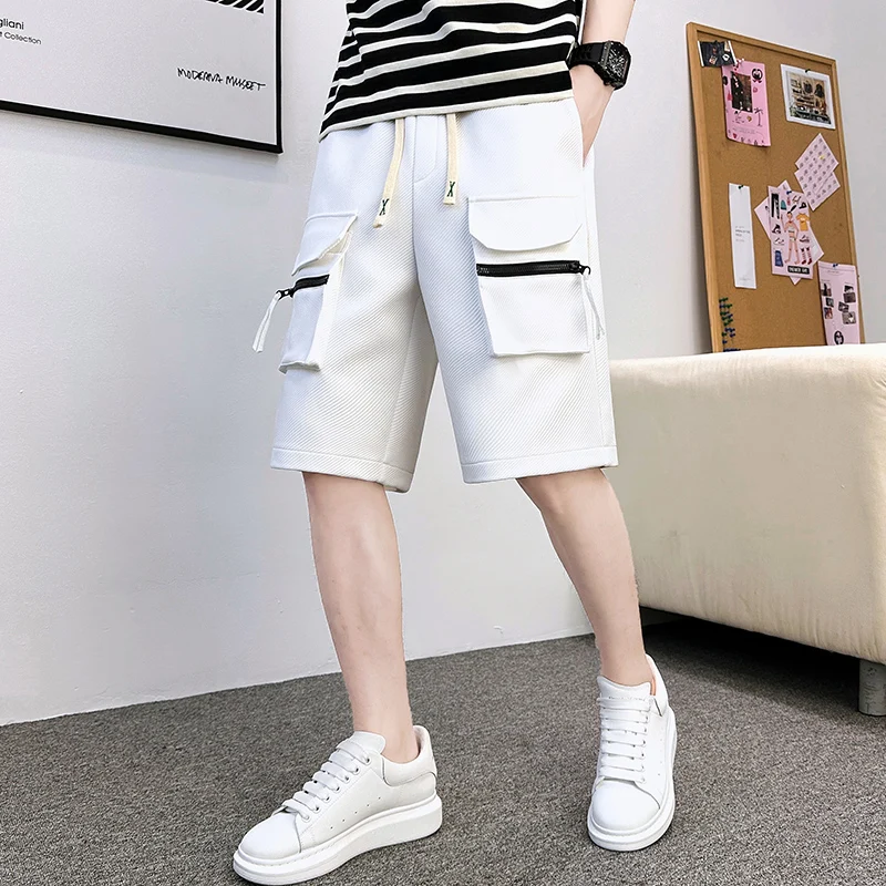 New 2024 Men's Summer Casual Shorts Streetwear Solid Elastic Waist Knee-Length Pant Sports Outdoor Loose Drawstring Short Jooger
