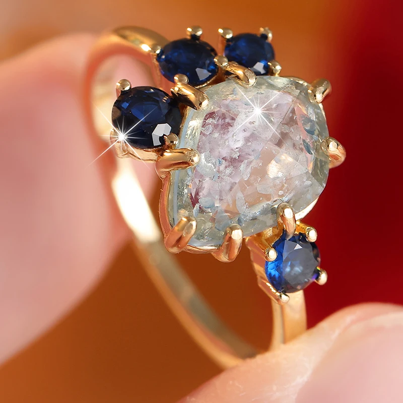 Elegant Blue CZ Inlaid Gold Ring for Women – Trendy Geometric Design for Daily Wear and Special Occasions