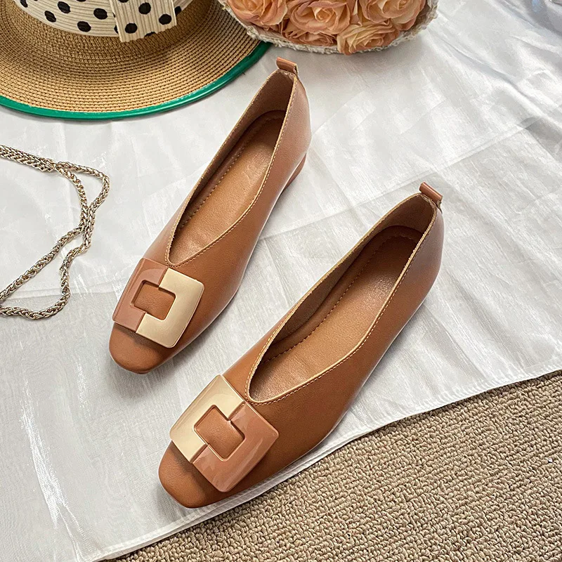 2023 New French Low Heel Square Head Shallow Mouth Single Shoes Women's Soft Sole Flatsole Shoes Design Sense Women's Shoes