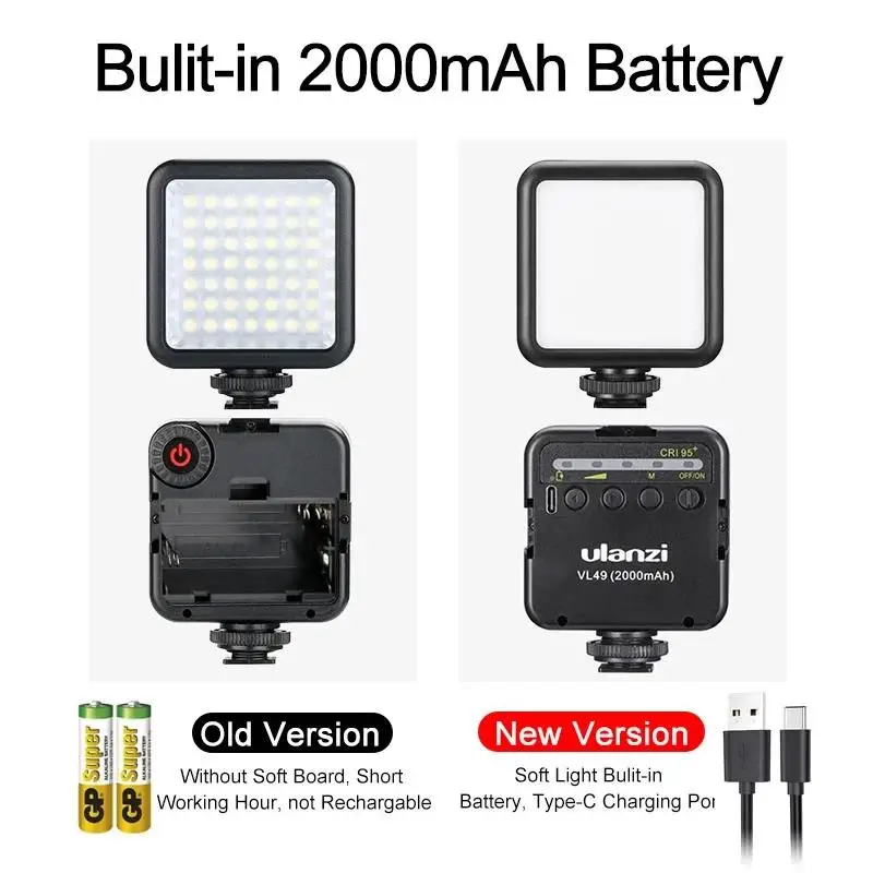 Ulanzi 미니 브이로그 LED 필 라이트, 사진 조명, 비디오 폰, 셀카 필 램프, VL49, 6W, 화이트, 2000mAh, 5500K 줌 조명