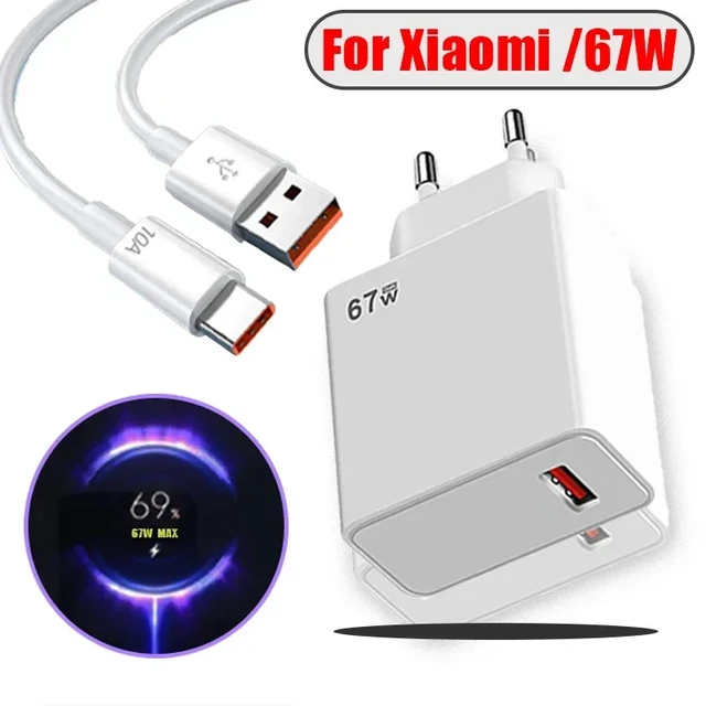 Xiaomi 67W Fast Charger and 6A USB Type C Charging Cable Set Wall Charger  Single USB-A Port Power Adapter Charging for Xiaomi