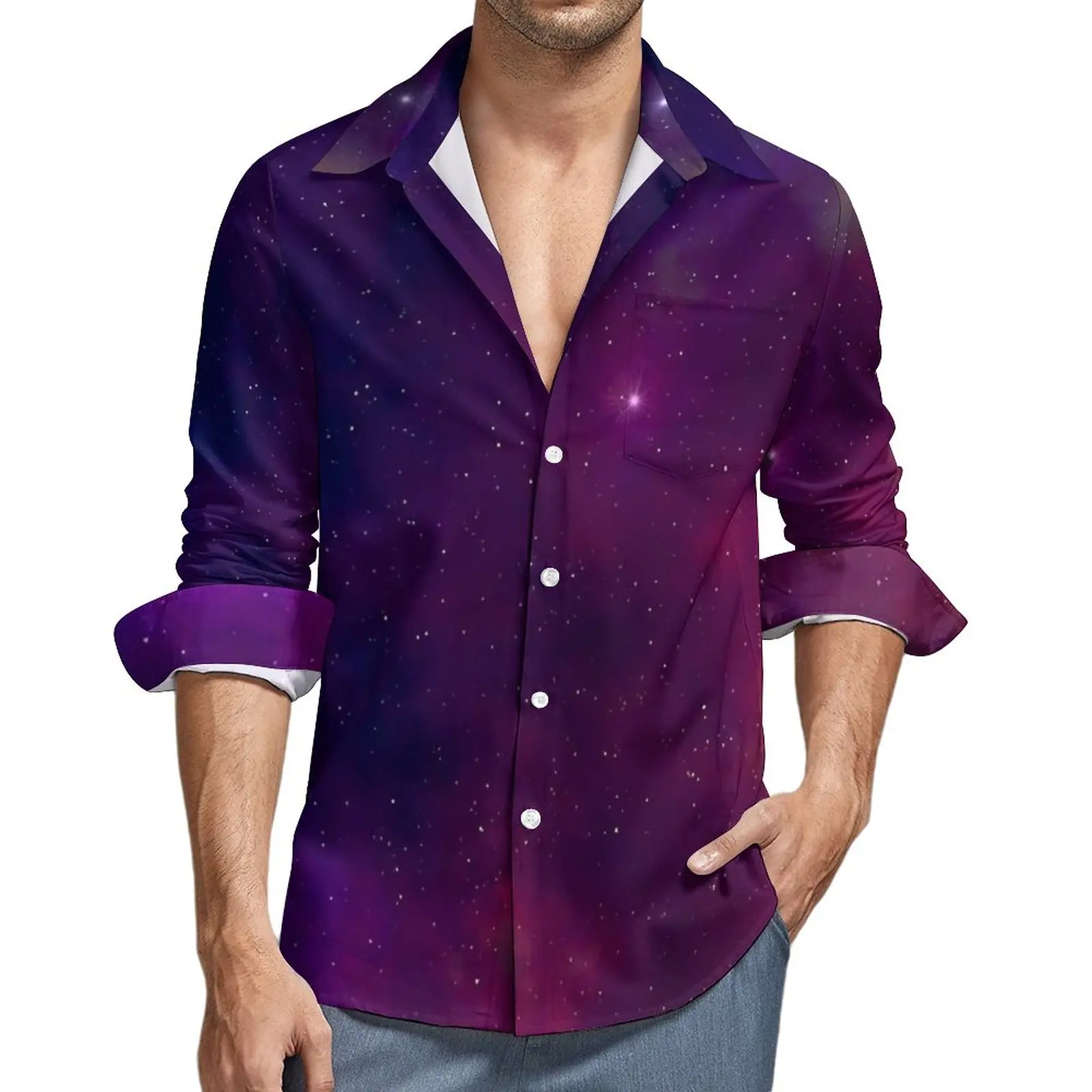 

Clouds Galaxy Casual Shirts Male Stars Print Shirt Long Sleeve Vintage Y2K Blouses Autumn Custom Clothing Big Size 3XL 4XL