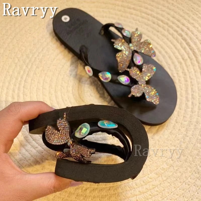 Bling Diamond Butterfly Soft Bottom Slippers Women Shine Rhinestones Flat Heel Flip-Flops Summer Beach Outdoor Shoes