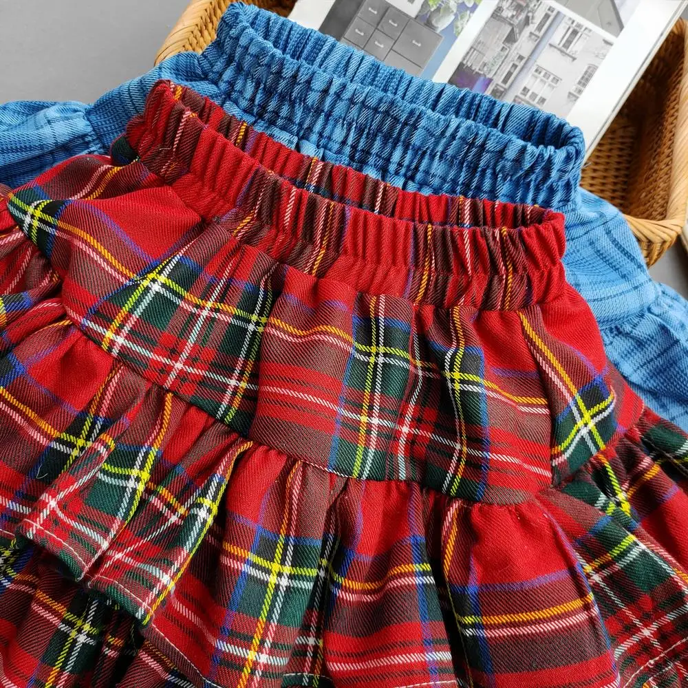 Plaid Ruffled Kids Baby Girls Cake Skirts Princess Ball Gown