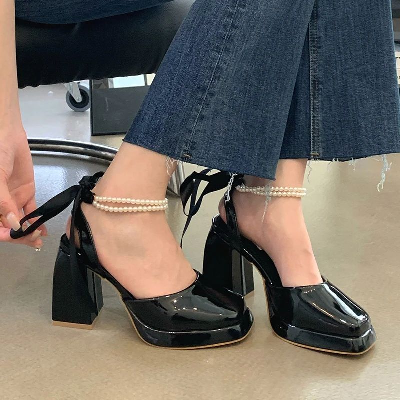 

Square Toe Platform Thick High Heels Women's Sandals Patent Leather Pearl Beaded Silk Bow Solid Color Gladiator Shoes ZOOKERLIN
