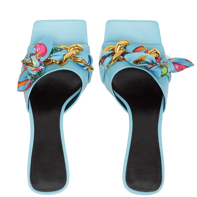 Summer New Silk Chain Sheepskin Slim Slim Mouth Fish Mouth Low Heel Sandals Cross Border Large Women's Slippers