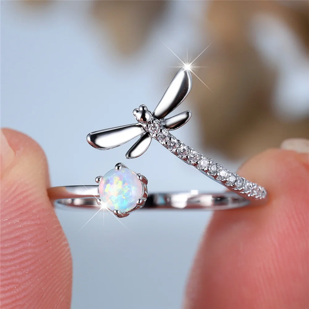 Charm Female White Fire Opal Round Stone Adjustable Open Ring Silver Color Cute Gift Wedding Jewelry For Women
