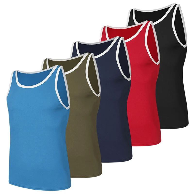 3/5 Piece Men's Fashion Color Matching Casual Vest Loose Plus Size Sports Running Fitness Shirt Teenagers Handsome Bottoming T