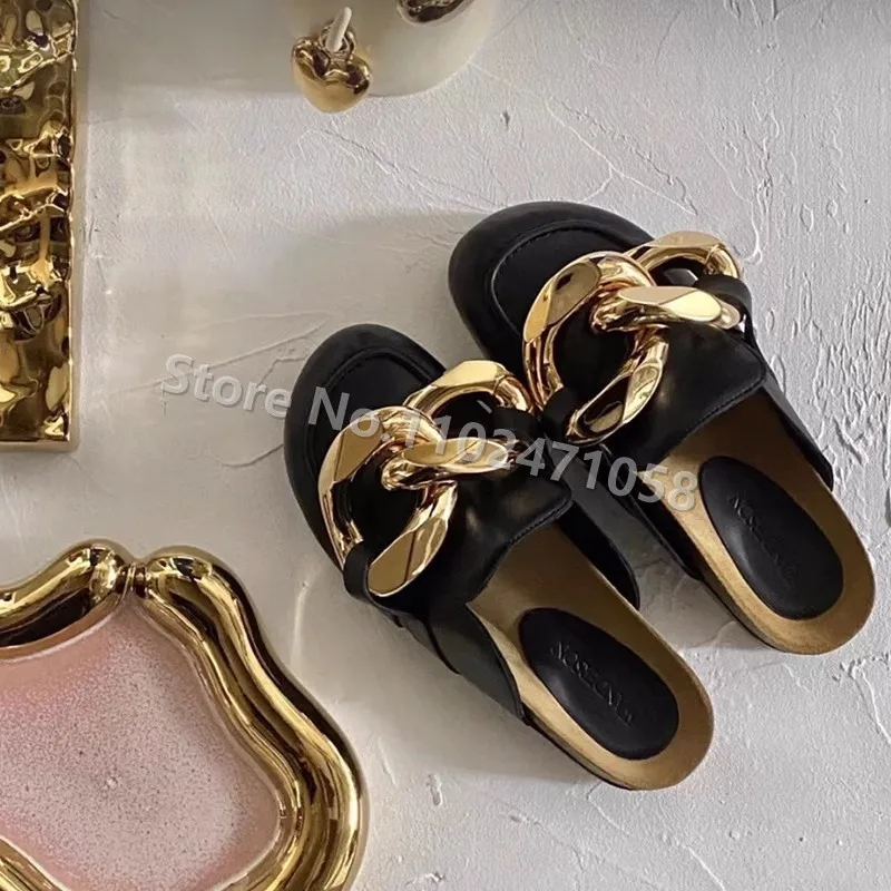 Metal Chain Decor Women Party Dress Slippers Fashion Round Toe Slingback Outside Wear Female Flats Slip-On Shallow Ladies Mules