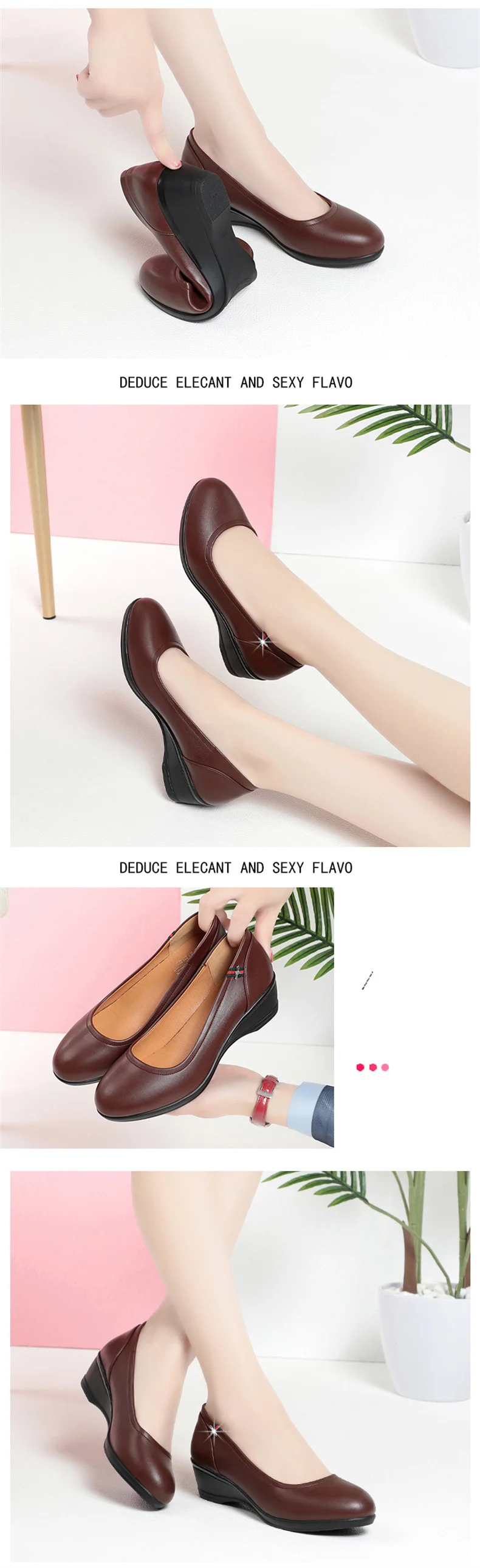 Spring Women Cute Stylish Round Toe Shallow Mouth Black Pu Leather Pumps Casual Comfort Wedge Heel Anti-slip Shoes