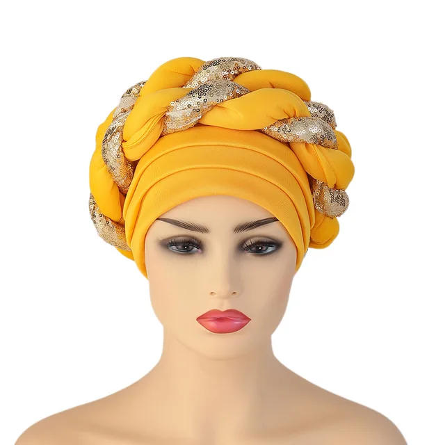 Turbans for Women Pleated Beanie Headwrap African Hat Arab Wrap Muslim Scarf Hijabs Hair Aso Oke Auto Gele Readymade to Wear Cap 013