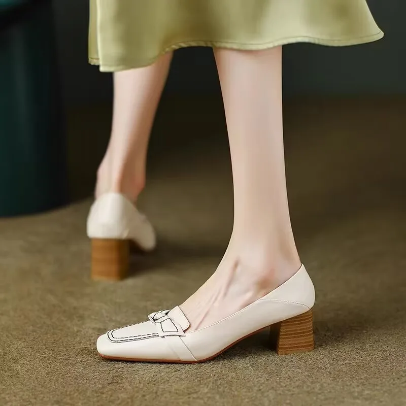 Women Retro Bowknot High Heels Spring Autumn Fashion Elegant Square Toe Stiletto Chunky Heels Pumps Party Dress Casual Shoes 3