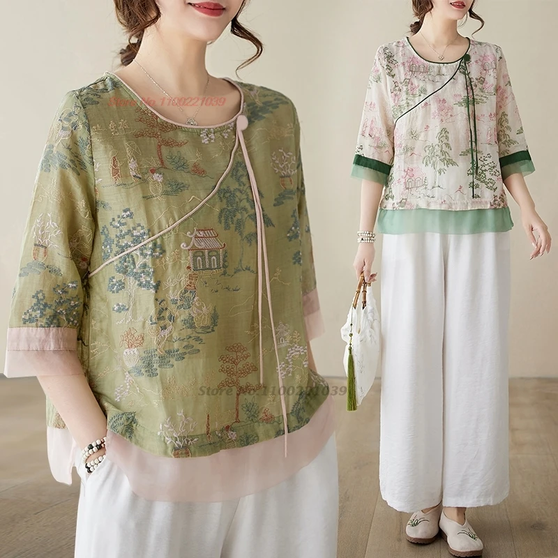 

2024 traditional chinese hanfu tops folk blouse national flower embroidery improved o-neck blouse oriental traditional blouse