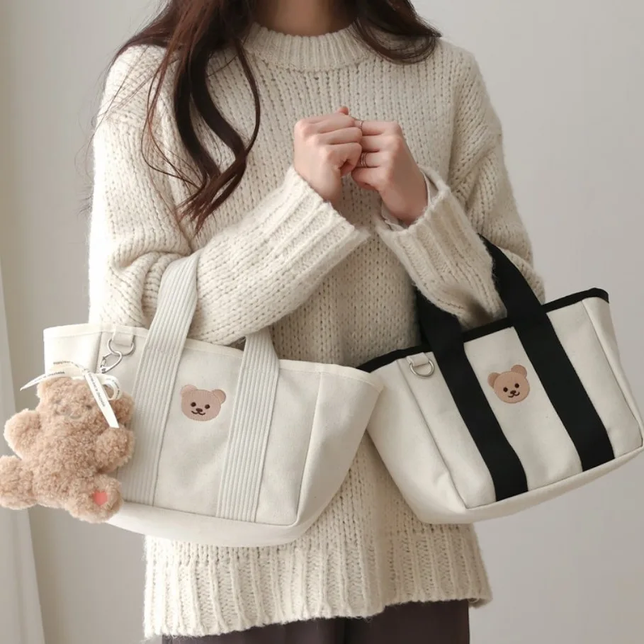 2024 New Trend Multi functional Drawstring Handbag Embroidered Bear Lightweight Canvas Bag Small Cute Bags for Women