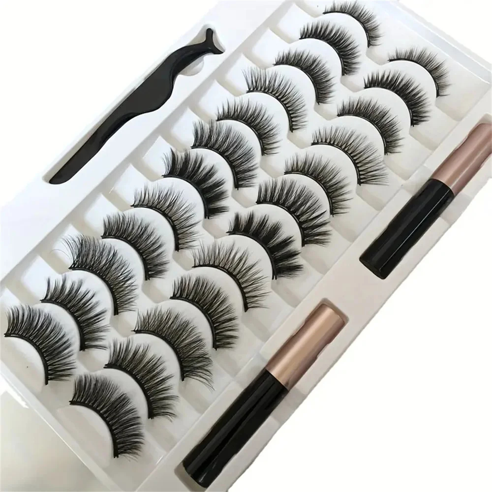 12 pairs of magnetic false eyelash sets, with eyeliner, natural makeup effect, reusable, curling magnetic eyelash sets