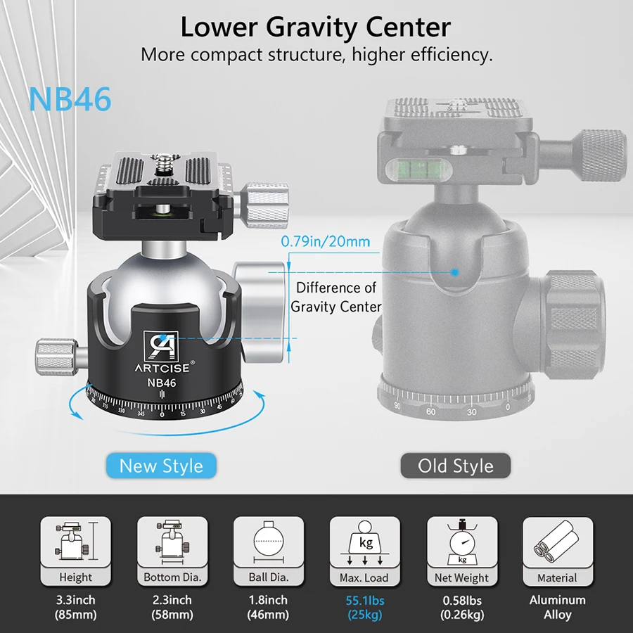 Description Picture 3 of itemARTCISE 46mm Low Profile Tripod Ball Head,All Metal CNC Single/Double Panorama Ball Head for Tripod, Camera DSLR Max Load 25kg