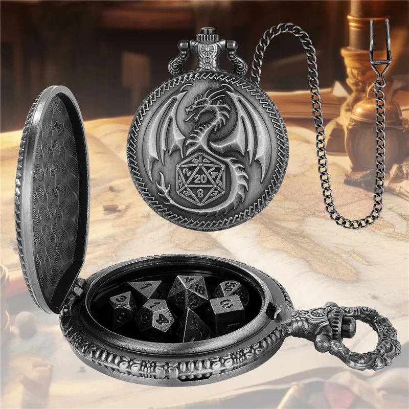 Pocket Watch Chain Bronze Dragon Pocket Watch Case FOB Chain With 7 X Metal Polyhedral Dice With Entertainment Role Play Game Dices