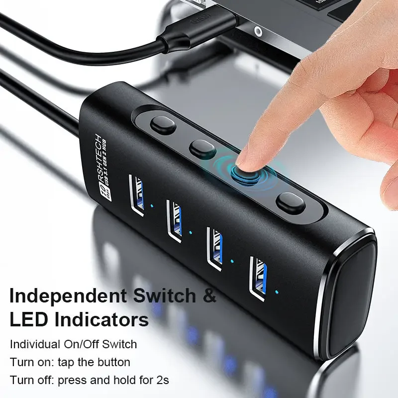 RSHTECH USB Hub 4 Ports 10Gbps Superspeed Data Transfer Extender with Individual Switches USB Splitter for Laptop PC Computers 6