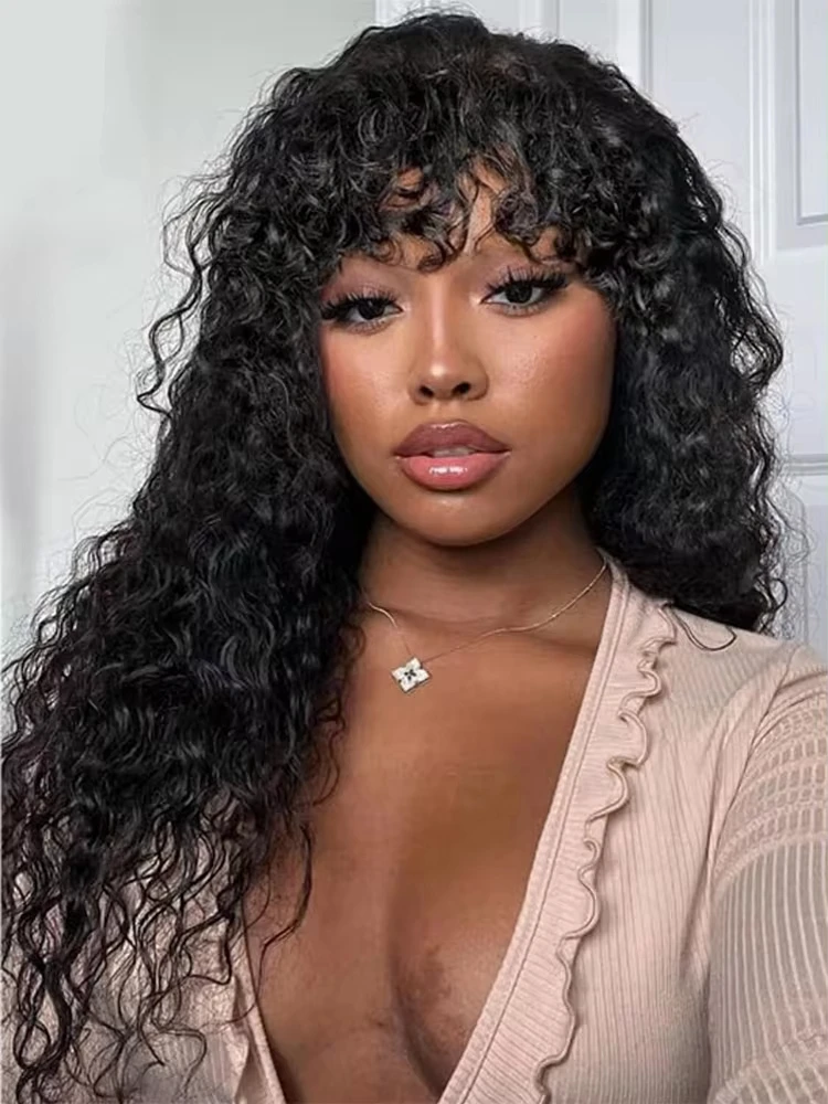 Brizilian Water Wave Wigs with Bangs Virgin Human Hair Ready To Wear Natural Color Cheap Curly Human Hair Bangs Wig