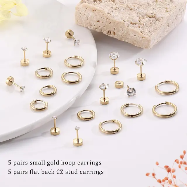Loutade Set 6 Paia Orecchini In Argento 925 – Cerchi 10/12/14mm E Quadrati Con Zirconi – Ipoallergenici, Per Piercing Multipli – Color Argento/Oro Rosa/Oro