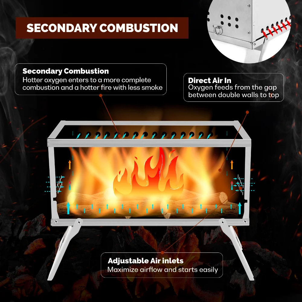 Portable Outdoor Stove with Secondary Combustion and Chimney for Camping  Compact Wood Stove with Heat Resistant Glass Window - AliExpress