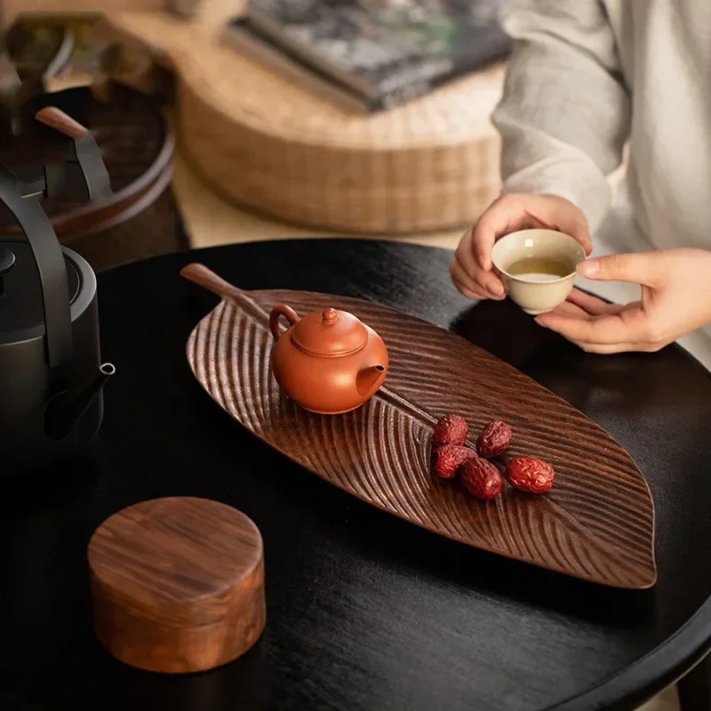 Wooden Leaf Shape Refreshment Tray Dessert Snack Plate Chinese Style Pastry Plate Decorative Tableware Cake Stand Party Supplies