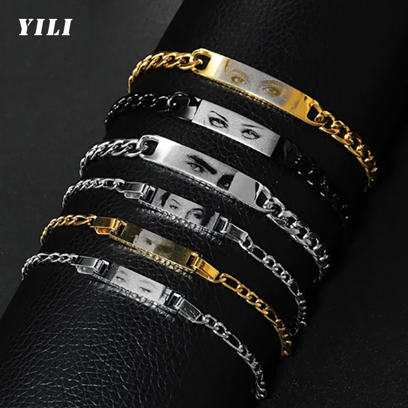 Bracelet Personnalisable Photo Acier Inox - Chaîne Cubaine Avec Médaillon Gravé, Pour Homme Et Femme