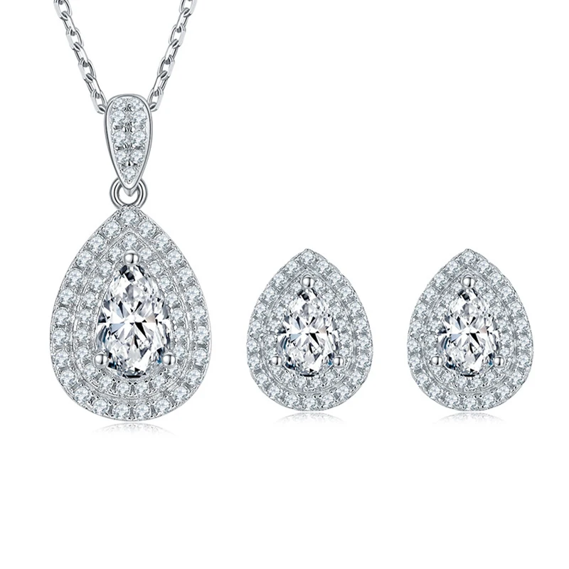 

BOEYCJR 925 Silver Double Halo Pear cut 1ct pendant necklace 0.5ct earrings D color Moissanite VVS1 Women Jewelry Set