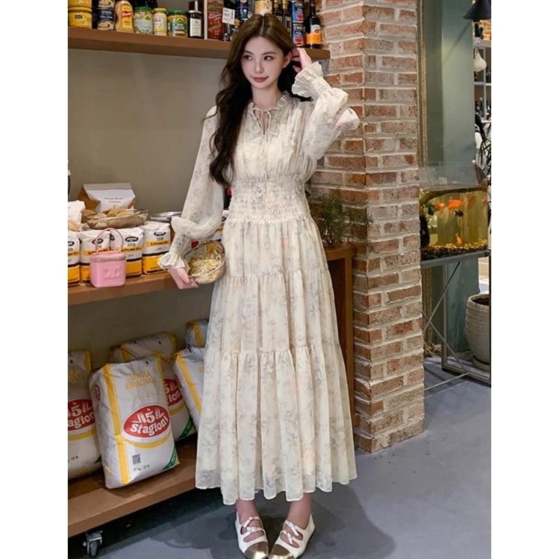 שמלת קיץ מהממת לנשים עם שרוולים ארוכים, שמלת פרחונית, מותן צמודה, בסגנון וינטג' עדין, שמלת שיק כפרית צרפתית