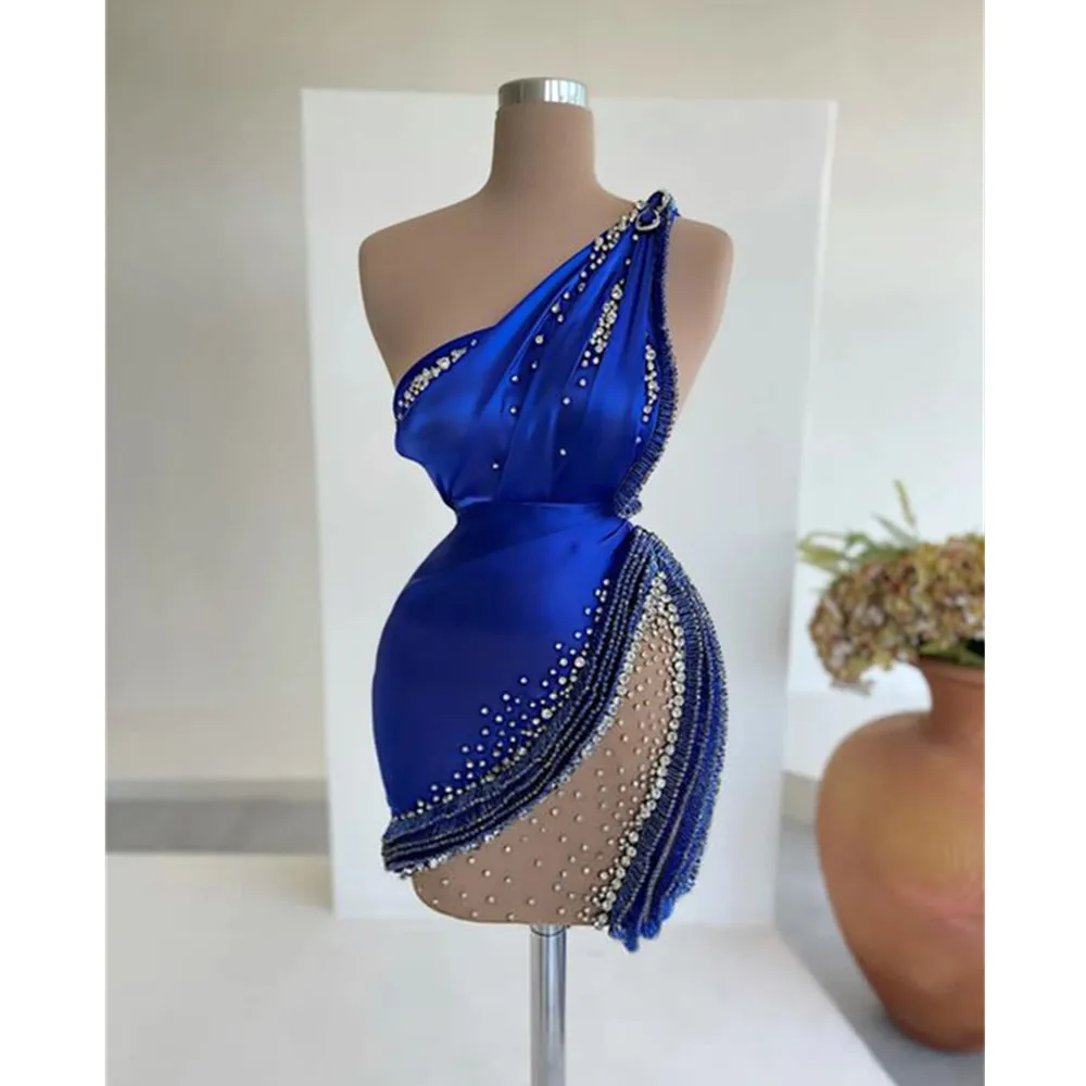 

Blue 3D Floral Appliques Vestidos De One Shoulder Gala Removable Puff Sleeve Short Prom Dress For Homecoming Birthday YD