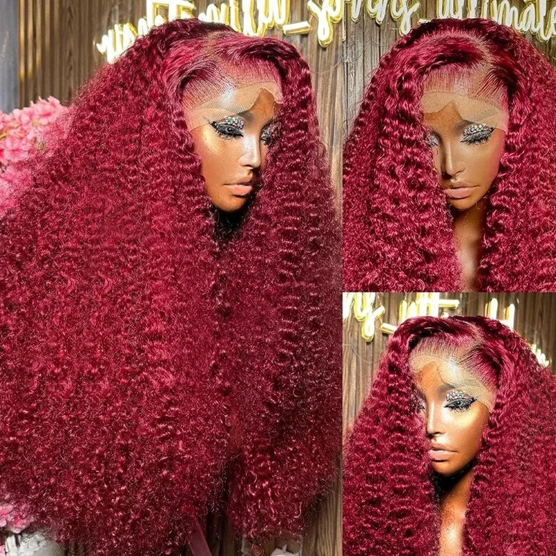 

26" Long PrePlucked 180 Density Wine Red Kinky Curly Lace Front Wig For Black Women With Baby Hair Lace Frontal Wigs Daily Wig