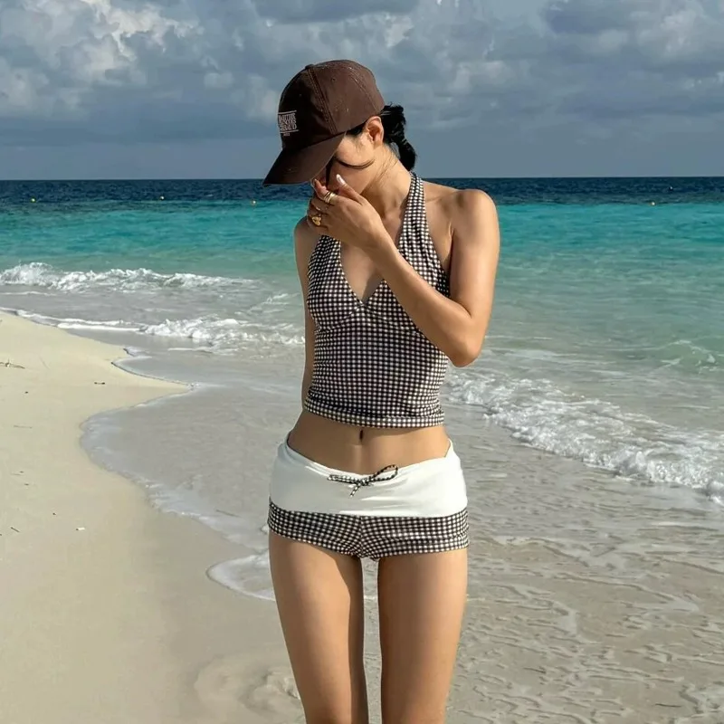 New Sexy Deep V Push Up Bikini Set High Waisted Checkered Brief Tummy Control Backless Two Piece Swimsuit for Beach Vacation