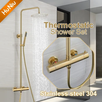 ฮุนิวชุดฝักบัวเทอร์โมสแตทชุดห้องน้ำสแตนเลสชุดฝักบัวอาบน้ำชุดก๊อกน้ำฝักบัวชุดฝักบัวเรนชาวเวอร์ทองปัดเงา 1