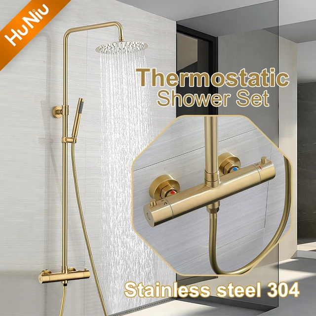 ฮุนิวชุดฝักบัวเทอร์โมสแตทชุดห้องน้ำสแตนเลสชุดฝักบัวอาบน้ำชุดก๊อกน้ำฝักบัวชุดฝักบัวเรนชาวเวอร์ทองปัดเงา 1
