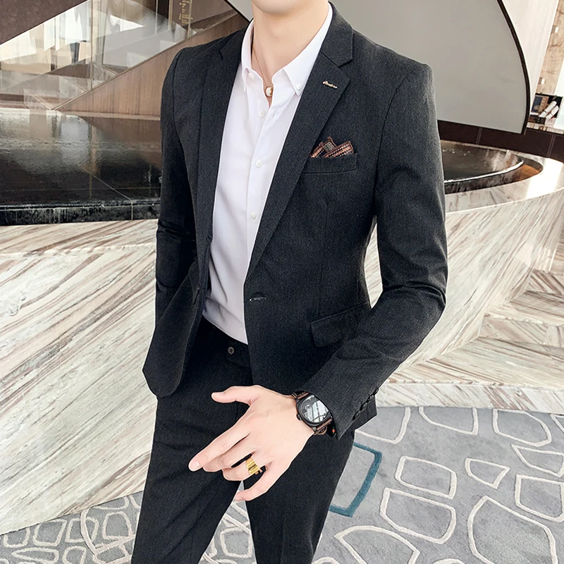 Blazer + Pants High-end Brand Solid Color and Plaid Mens Formal Business Slim Suit 2 Piece Set Groom Wedding Dress Party Stage formal suit business men clothing