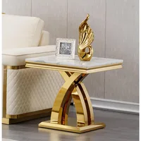 Square End Table,22.8" Modern White Faux Marble Side Table,Nightstand Bedside Table Small Accent Table with Gold Mirrored Finish 1