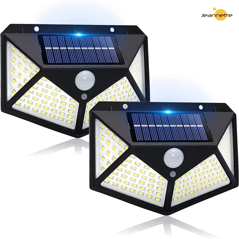 2PCS 100 LED Solar Wall Lamp Luminous with Motion Sensor Human Induction Courtyard Waterproof Stairs Lamp Outdoor Wall LED Light