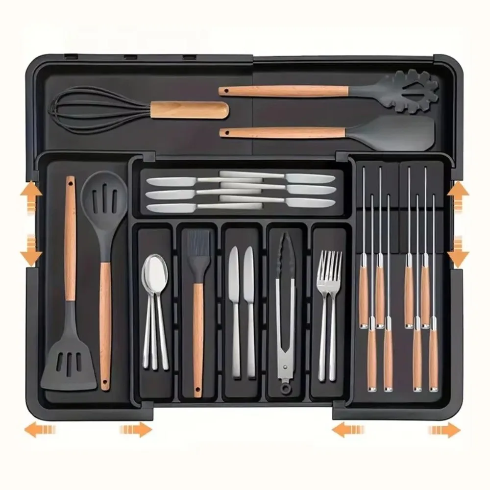 Vassoio portaoggetti estraibile con design a scomparti, in plastica, con porta coltelli, contenitore da cucina di grande capacità - immagine 2