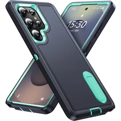 Military Grade Anti - Drop Case with Built - in Kickstand and Plus Protector Cover - Galaxy S23 Ultra (Blue Aqua Blue)