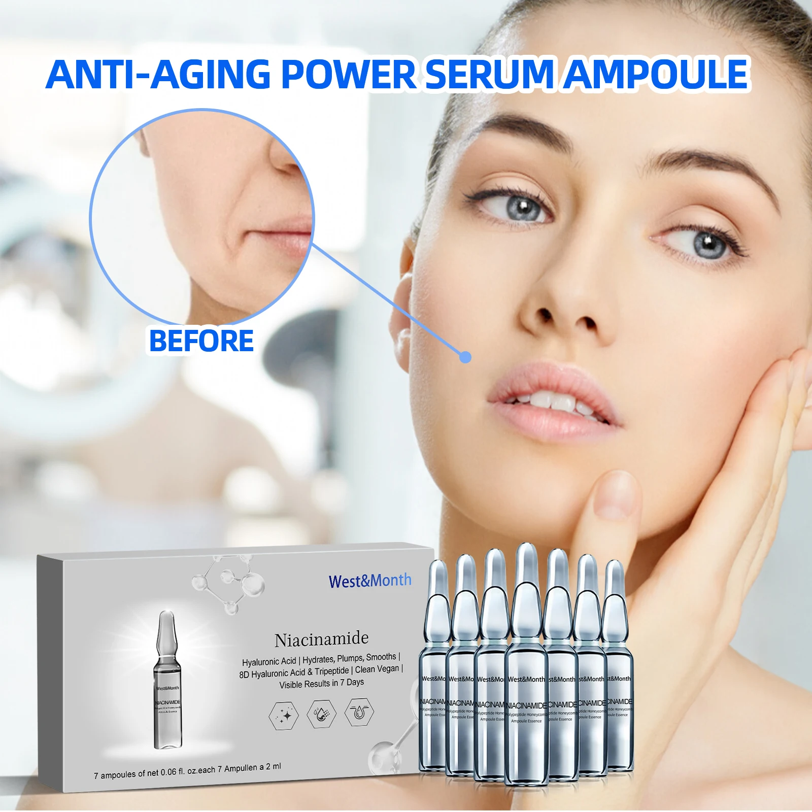 West Month 2MLx7PCS Reyouth Anti Ag-ing Essence Ampoule, Hyloranic Acid Hyaluronic Acid Essence Moisturizing Essence Ampoule Set 2