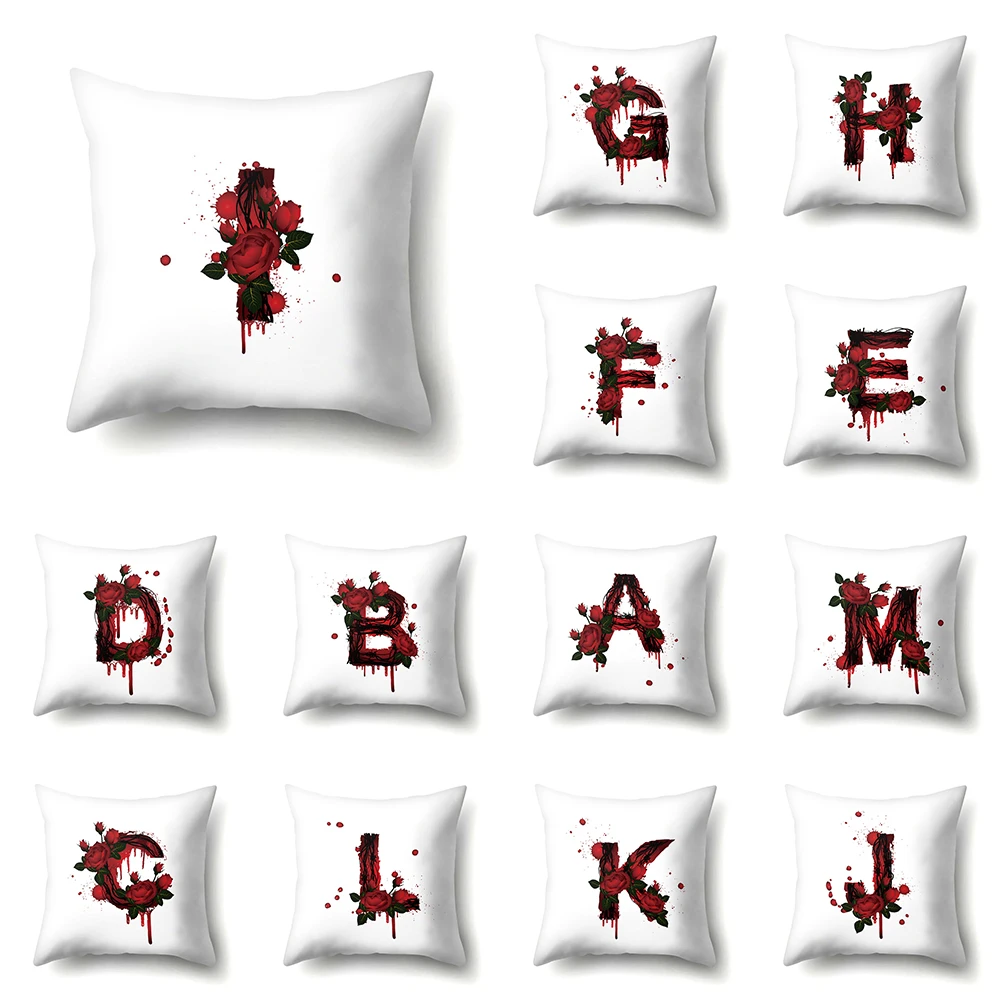 

Red Rose English Letter Printing Pattern Cushion Cover Home Living Room Sofa Decoration Square Polyester Pillow