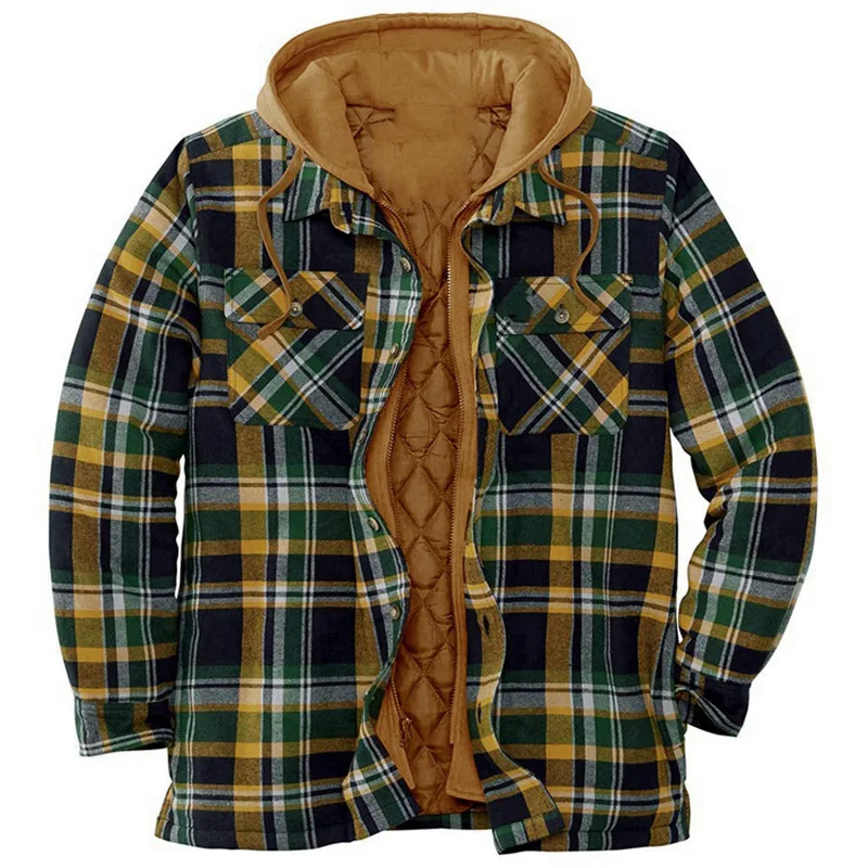 Men Fashion Plaid Long-sleeved Loose Hooded Jacket Shirt Jacket Autumn and Winter Thick Cotton Coat Zip Up Hoodie Coat